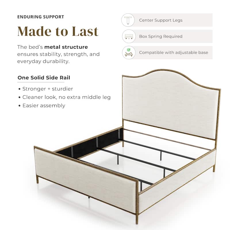 247 Shop At Home Lalia Modern 4-Piece Upholstered Hammered Metal Camelback Bedroom Set with 2 Nightstands