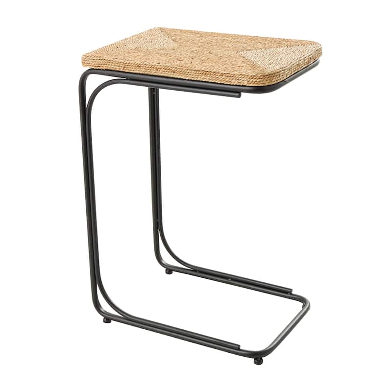 Brown Dried Plant Handmade Coiled C-Shaped Accent Table with Black Metal Legs