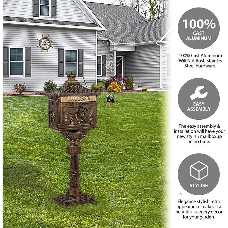 Retro Mid-century Aluminum Cast Mailbox with Post and Keys, Locking Residential Rust-Proof Security Postal Mailboxes