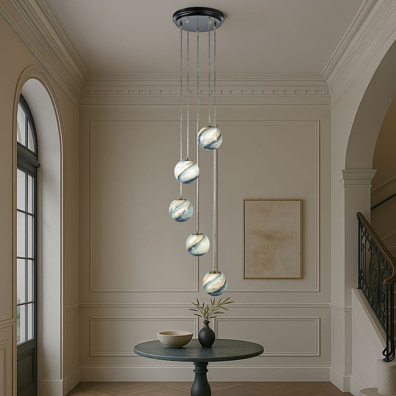 12'' 5-Light Modern Glazed Glass Globe Staircase Chandelier Coastal Handcrafted Glass Pendant In Matte Black - W12''