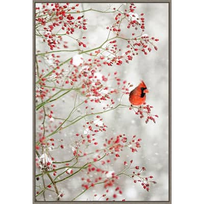 Red Cardinal and Red Berries by Carrie Ann Grippo-pike Framed Canvas Wall Art Print