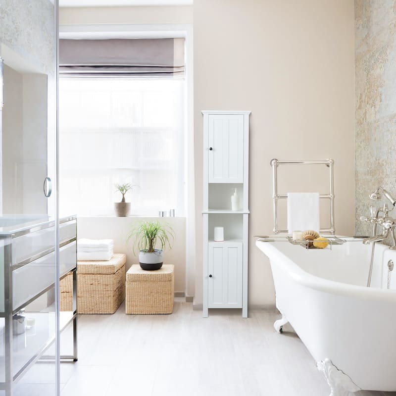 White MDF Wood 67-Inch Tall Tower Bathroom Linen Cabinet