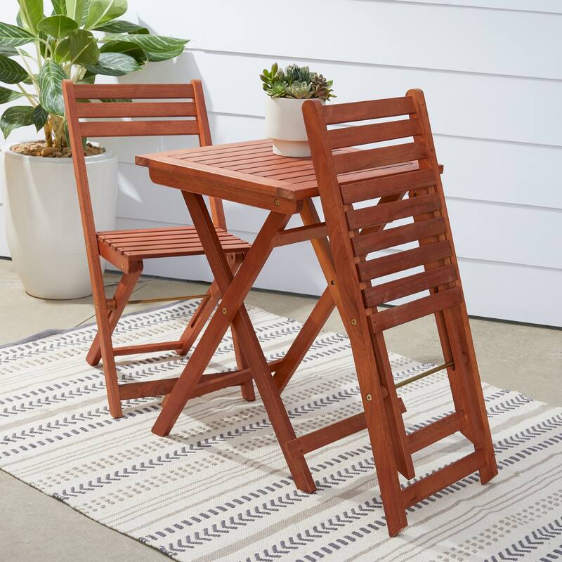 3 Piece Patio Folding Bistro Set Outdoor Eucalyptus Chair and Table Set for 2 People