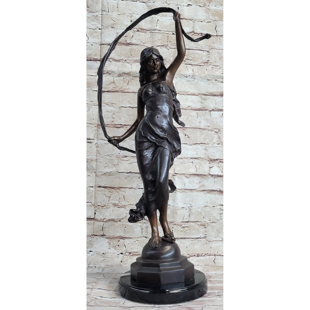 Signed Moreau Beauty Ribbon Dancer Bronze Sculpture Marble Base Statue Figurine