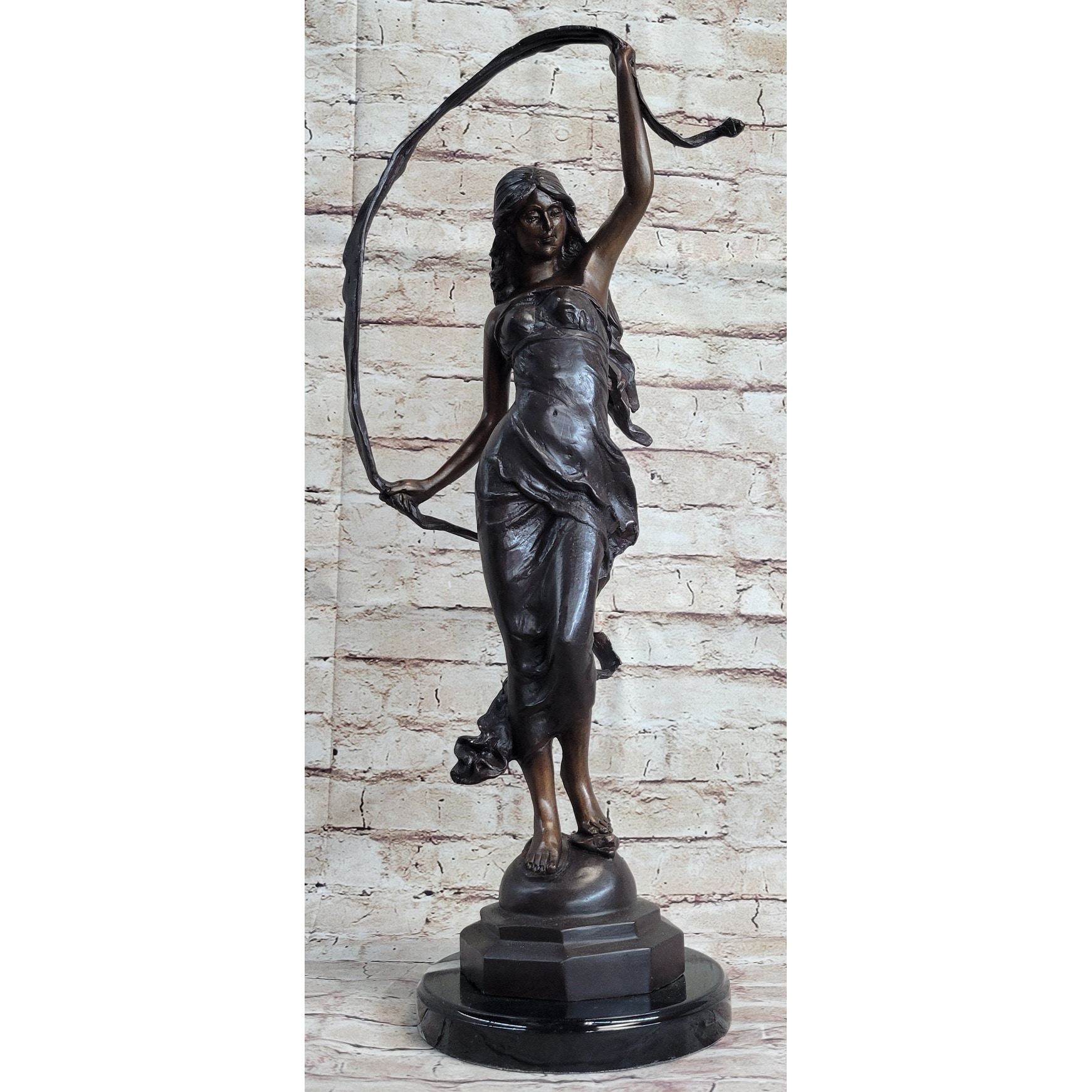 Signed Moreau Beauty Ribbon Dancer Bronze Sculpture Marble Base Statue Figurine