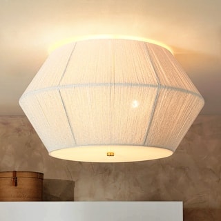 17.7" 3-Light Farmhouse Rustic Brass Ivory Rope Drum Flush Mount Ceiling Light - 17.7 in. Dia x 10.6 in. H
