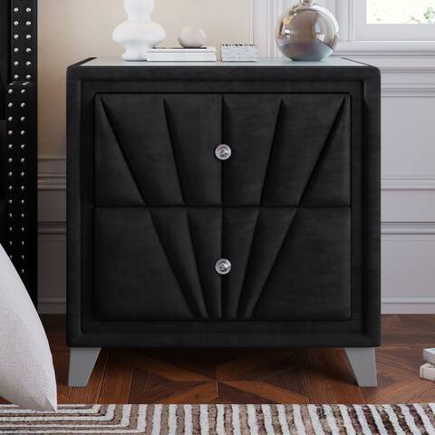 Contemporary Velvet Upholstered Glass Top Nightstand End table with Two Drawers Gray Solid Wood