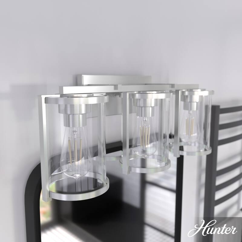Hunter Astwood Bathroom Vanity Light, Clear Cylinder Glass, Damp Rated, Caged - Contemporary, Transitional, Art-Deco - 3-Light 24" - Brushed Nickel