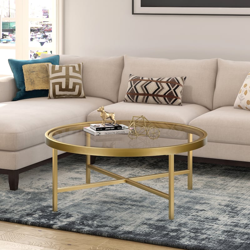 Xivil Contemporary Round Glass Top Steel Coffee Table - Brass