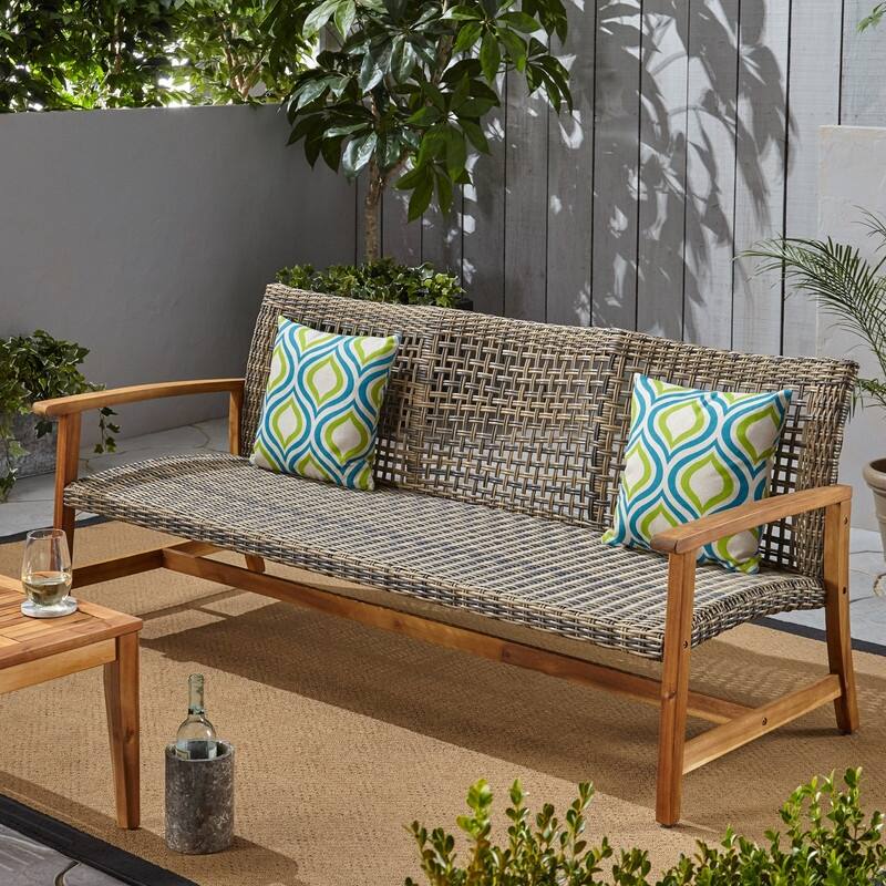 Outdoor Acacia Wood Wicker 3 Seater Sofa, Patio Furniture Conversation Set for Backyard