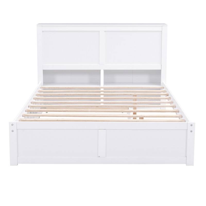 Wooden Storage Platform Bed with Bookcase Headboard, Full/Queen Bed Frame with Twin Size Trundle and Pull Out Shelves