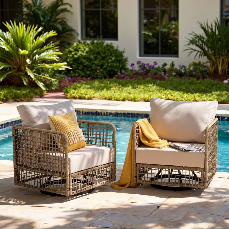 Outdoor PE Wicker 360 Swivel Patio Chairs with Thick Cushions, Weather Resistant Metal Frame for Patio, Balcony, Poolside