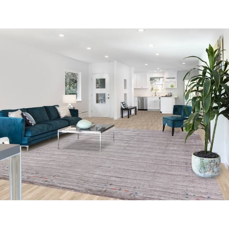 Hand Knotted Oriental Viscose Silk Carpet Tribal Stripe Greys & Charcoal Gabbeh Area Rug - 12' 0'' X 9' 2''