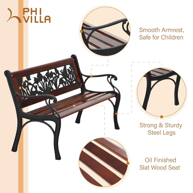 MAISON ARTS Outdoor Garden Bench for Children, 33'' L Metal Bench with Wood Seating & Floral Pattern Back
