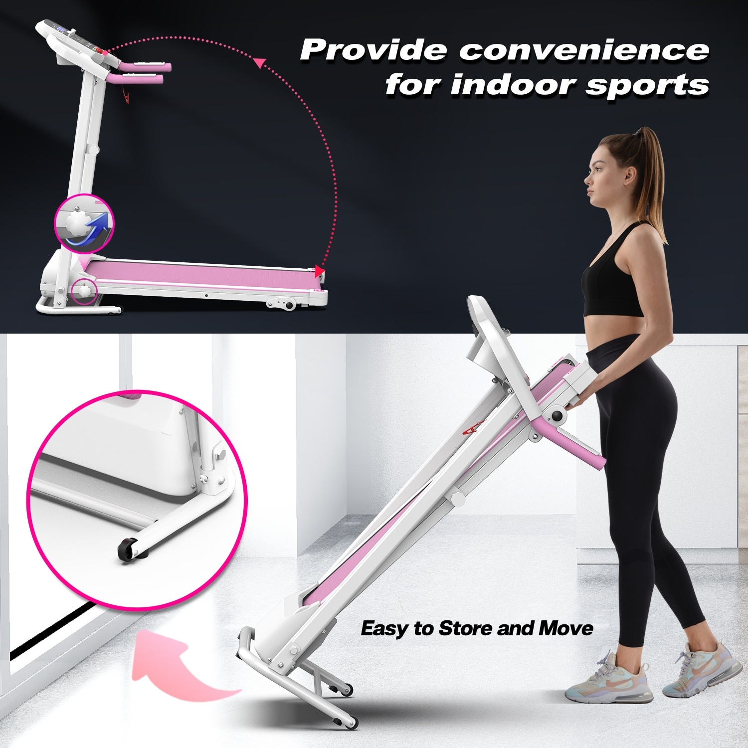 Pink White Running Machine Portable Foldable Treadmill With LED - Main Image
