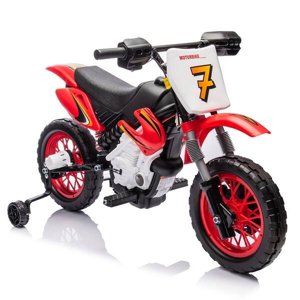 slide 2 of 60, 12V Kids Ride-On Electric Motorcycle - Twist Grip Throttle, Training Wheels, Dirt Bike Design Red