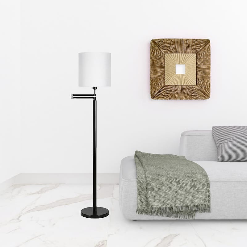 HomeRoots 62" Black Swing Arm Floor Lamp With White Frosted Glass Drum Shade - 62" Tall - 62" Tall - Black/White