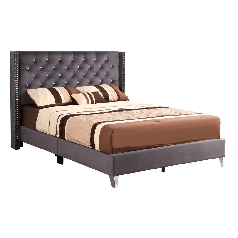 Queen Size Velvet Platform Bed with Foam-Padded Headboard and Transitional Design