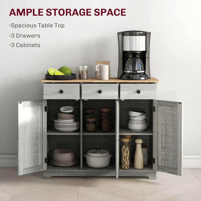 Sideboard with Solid Wood Countertop, Modern Kitchen Storage Cabinet, Coffee Bar Cabinet with 3 Drawers