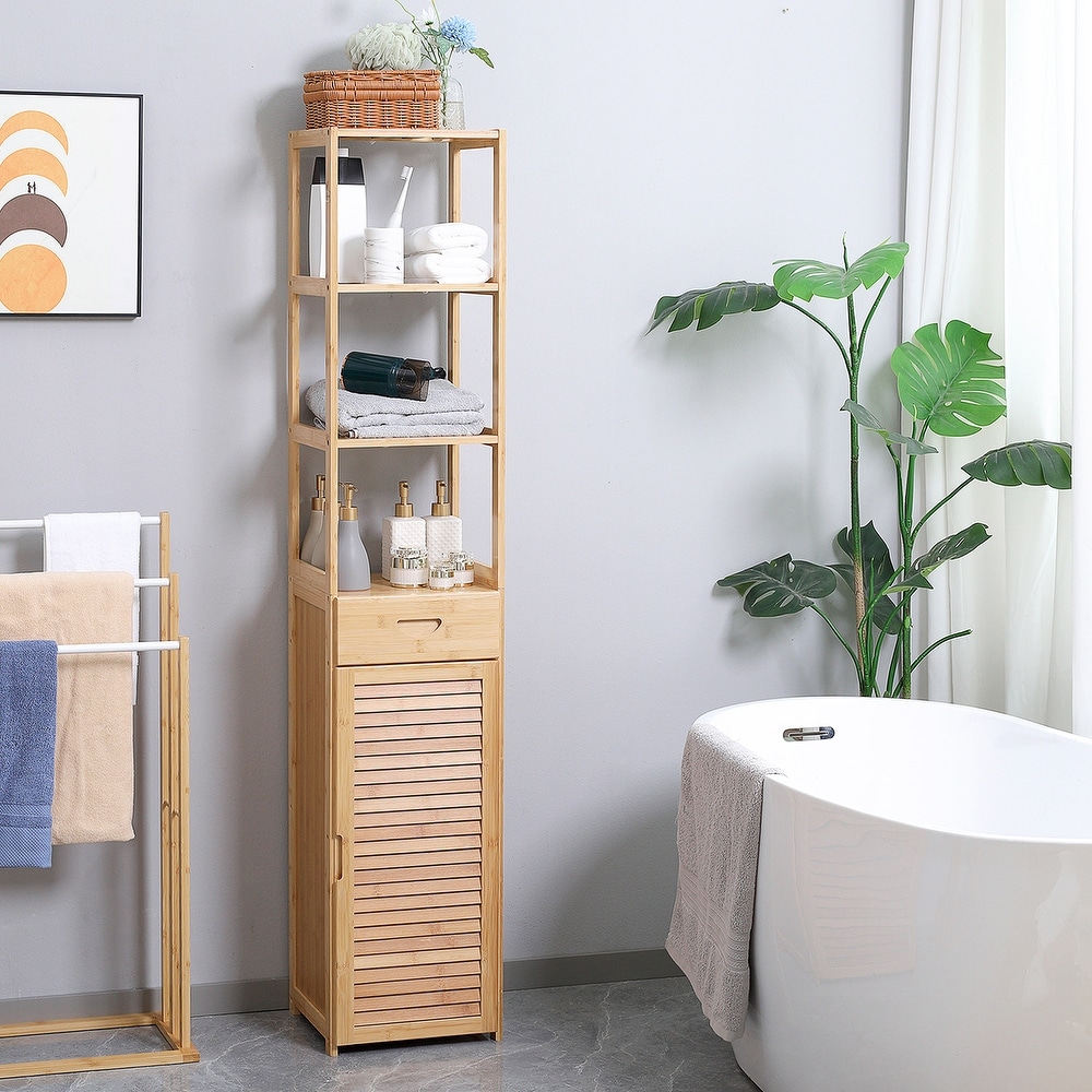 https://ak1.ostkcdn.com/images/products/is/images/direct/821890ecdd6b5d51092ab789b634b2bafa779883/kleankin-Tall-Bathroom-Cabinet-with-Drawer-and-Slatted-Shelves%2C-Tall-Slim-Bamboo-Linen-Tower-Freestanding-Linen-Towel.jpg