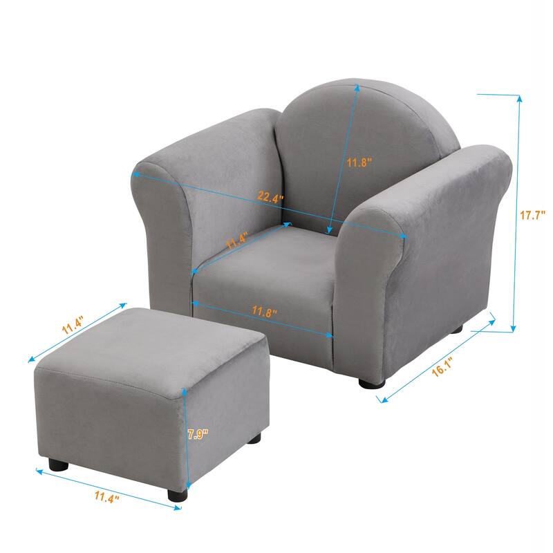 Anmytek Gray Velvet Kids Armchair Ottoman Set Toddler Chair Playroom Nursery Decor - 22.4 in. W X 16.1 in. D X 17.7 in. H