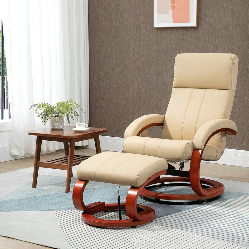 Modern Swivel Wood Base Leather Massage Recliner Chair with Ottoman, 10 Point Vibrating, 5 Modes, Remote and Side Pocket - Beige