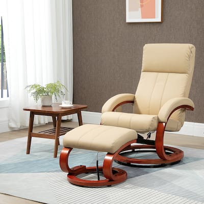 Modern Swivel Wood Base Leather Massage Recliner Chair with Ottoman, 10 Point Vibrating, 5 Modes, Remote and Side Pocket