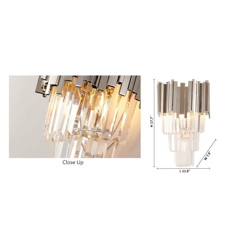 Shiny Nickel Metal Frame Wall Sconce With Crystal Accents