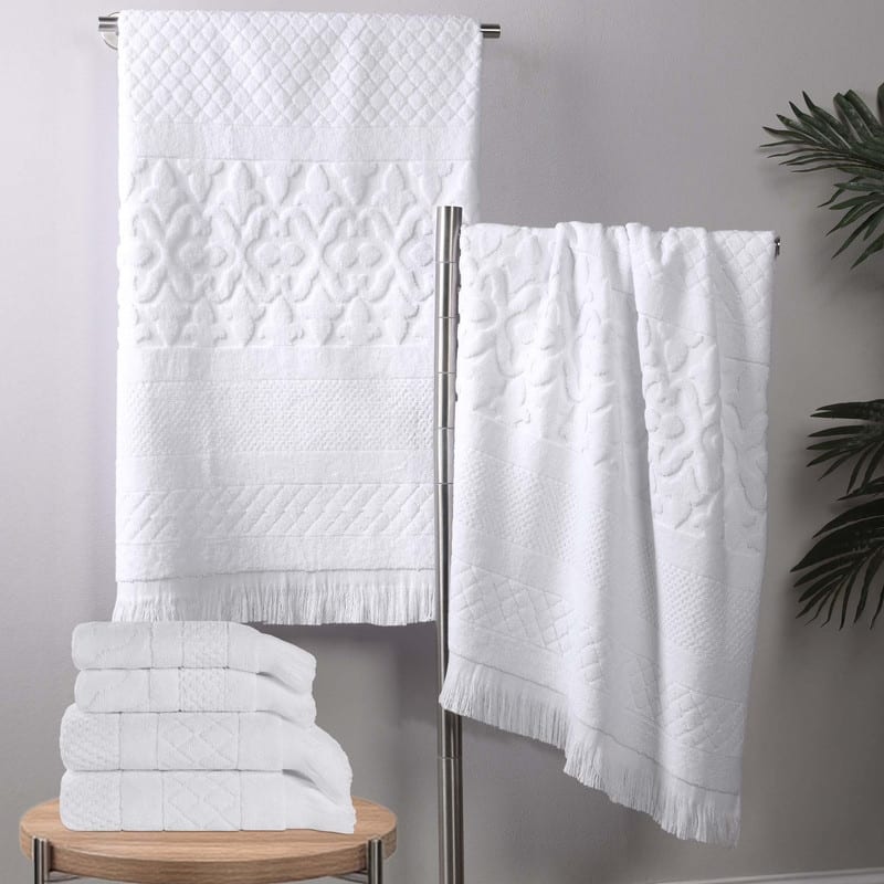 Superior Rolla Cotton Geometric Jacquard Plush Soft 6 Piece Towel Set - White