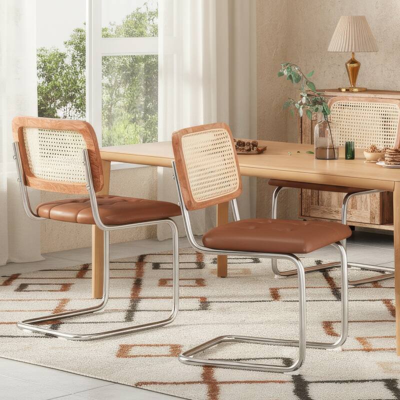 Dining Chairs Set of 2,Mid-Century Modern Chair Armless Mesh Backrest Cane Rattan Chairs for Home Dining Room