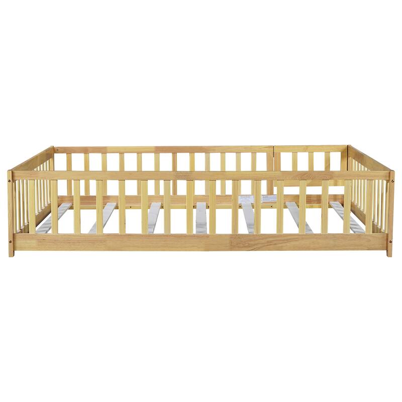 Full Size Rubber Wood Floor Bed with Safety Fence and Door, Natural Finish, Easy Assembly