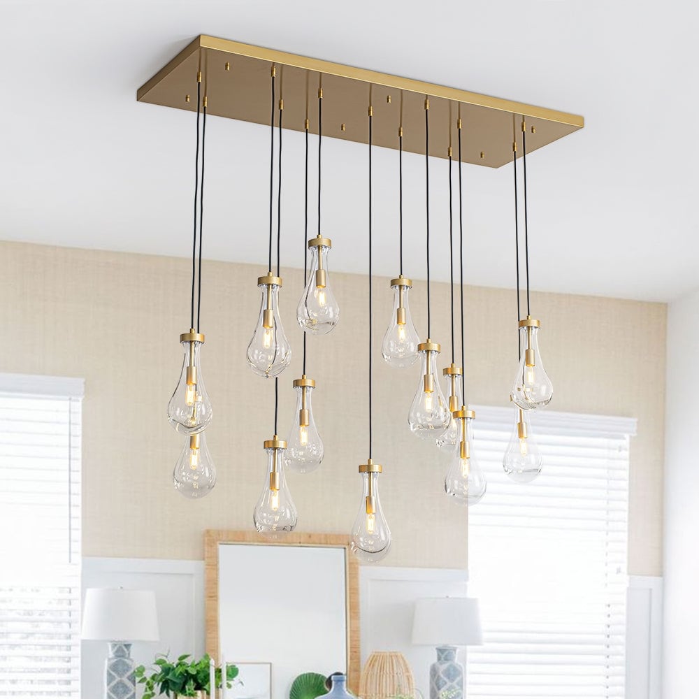 13-Light Glass Drops Rectangular Chandelier For Kitchen, Dining - 53.5 in