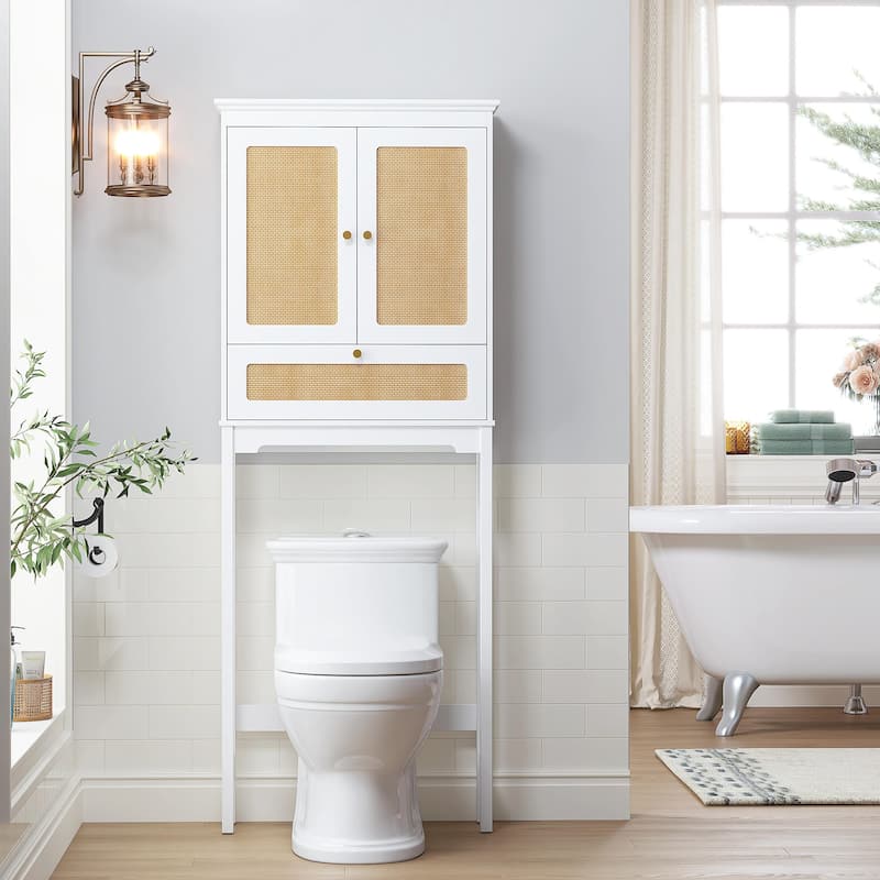 COSTARS Rattan Over-Toilet Cabinet with Tilt-Out Cube & Adjustable Shelf