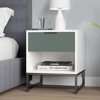 Otis White and Green Wood Nightstand Side Table Steel Frame with Shelf and Drawer