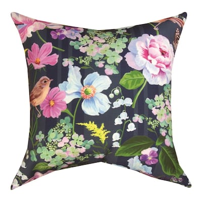 Spring Florals with Bird Square Throw Pillow - 18" - Navy and Pink