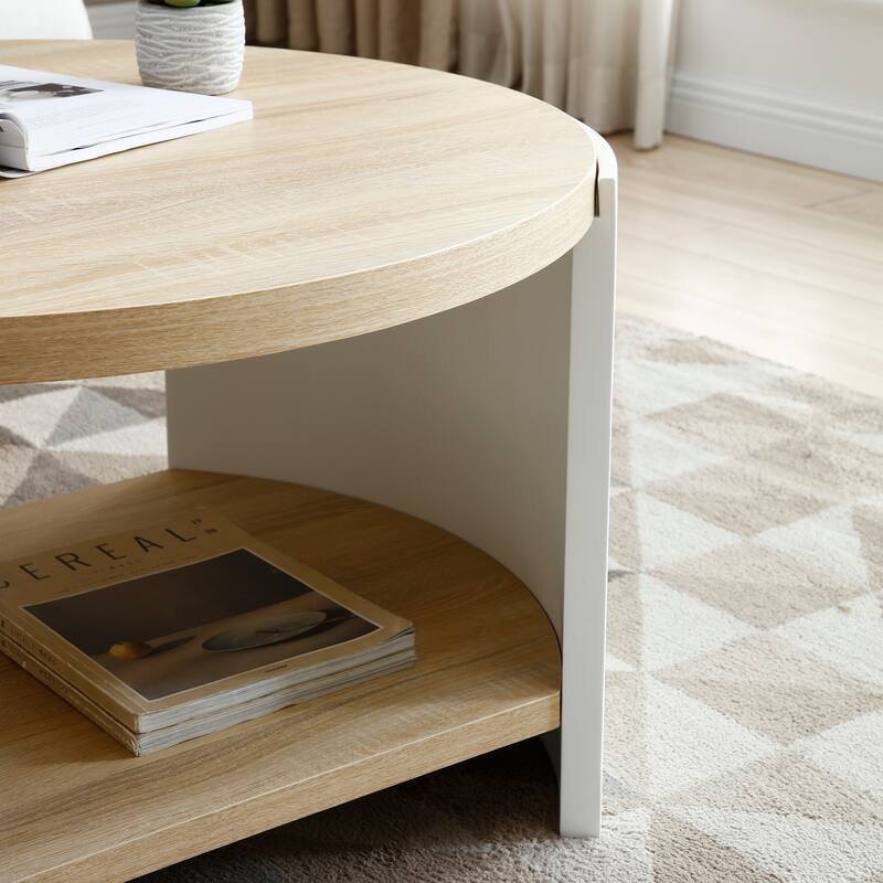 31" x 31" Round Coffee Table - 2-Tier Wood Desktop with Storage Shelf