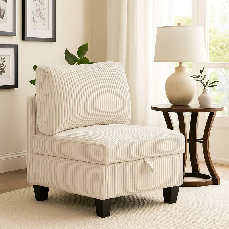 Ellene Modular Armless Chair With Storage, Soft Beige Corduroy