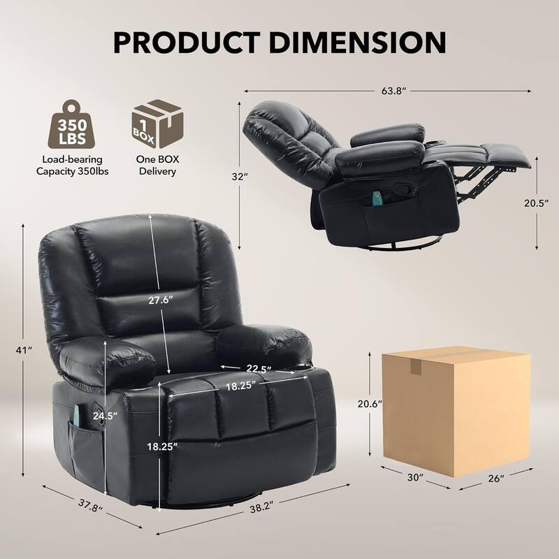 360° Swivel PU Leather Massage and Heating Rocker Recliner Chairs for Living Room, Bedroom