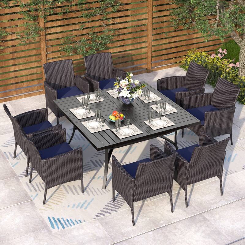 MAISON ARTS 9 Pieces Patio Dining Set, 60 Inch Square Metal Table and Rattan Dining Chairs