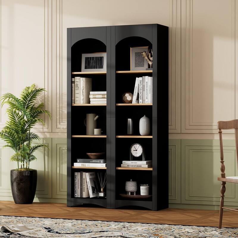 Farmhouse Free Standing 5 Tier Bookshelves Set of 2 with Adjustable Shelves for Versatile Storage