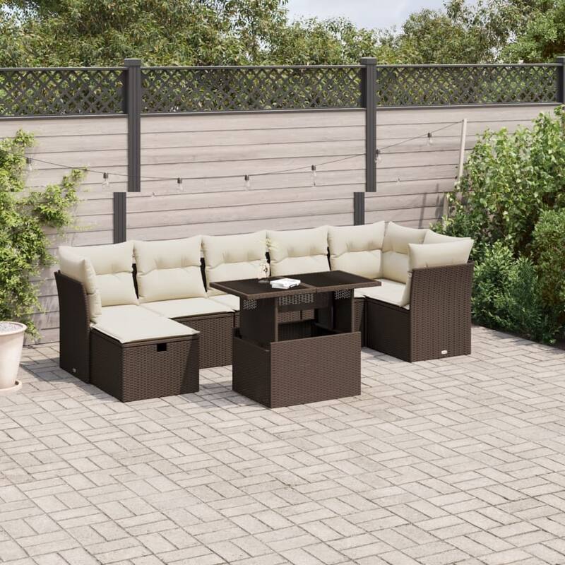 vidaXL Patio Sofa Set with Cushions Outdoor Furniture 8 Piece Poly Rattan - 21.7 x 39.4 x 28.7 in - Brown and cream