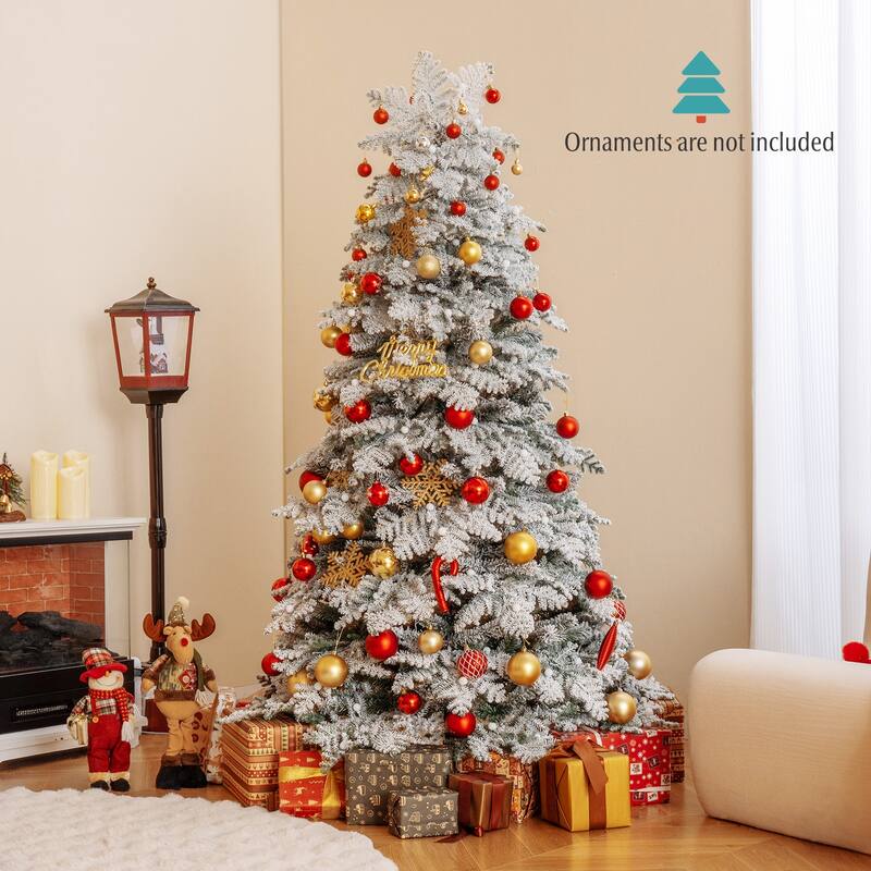 Costway 6/7 FT Artificial Snow-flocked Christmas Tree with 130 Balls, - See Details
