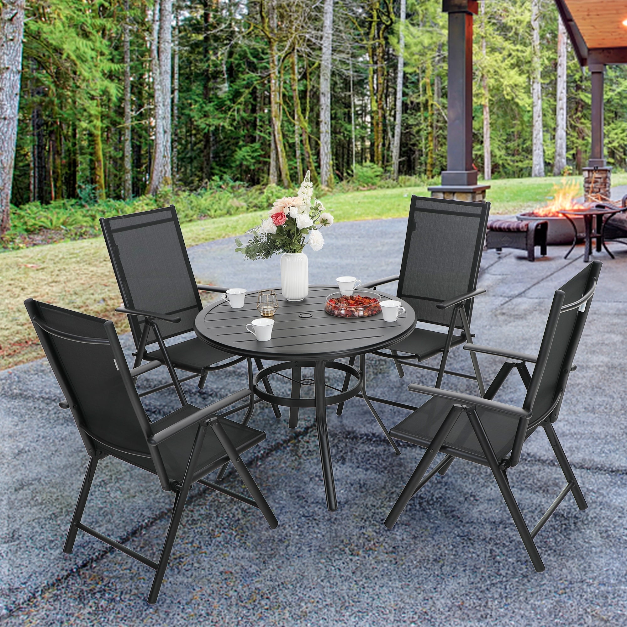 Phi Villa 5 Piece Patio Dining Set, Round Metal Steel Dining Table With 1.57"umbrella Hole And 4 Adjustable Folding Chairs