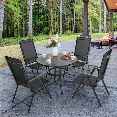 PHI VILLA 5-Piece Patio Dining Set, Round Metal Steel Dining Table with 1.57"umbrella hole and 4 Adjustable Folding Chairs