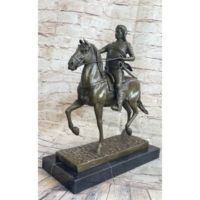 Medieval Armored Knight On Imitative Horseback Bronze Statue Sculpture Marble Base 15 Inches X 12 Inches