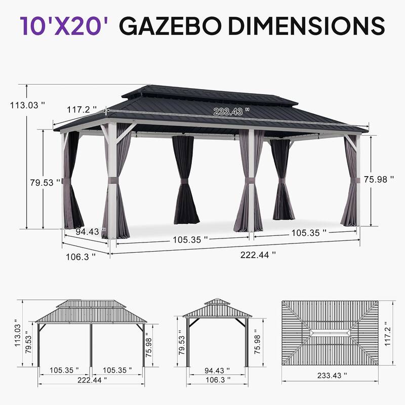 PURPLE LEAF Patio Hardtop Gazebo for Outdoor Grey Galvanized Steel Double Roof White Aluminum Poles