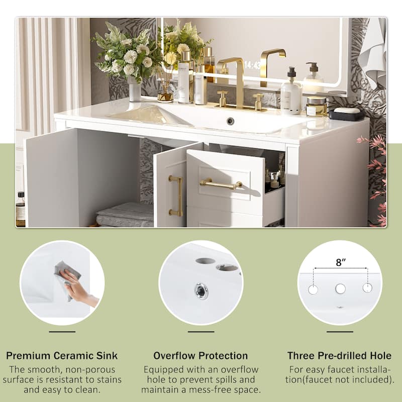 36" Traditional Bathroom Vanity with Ceramics Sink , White Bathroom Cabinet with Two Soft Close Doors and Four Drawers