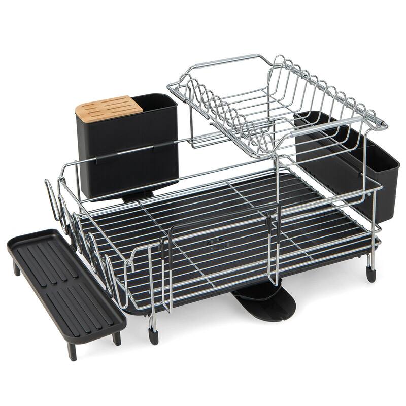2-Tier Detachable Dish Rack with Drainboard and 360° Swivel Spout - Silver
