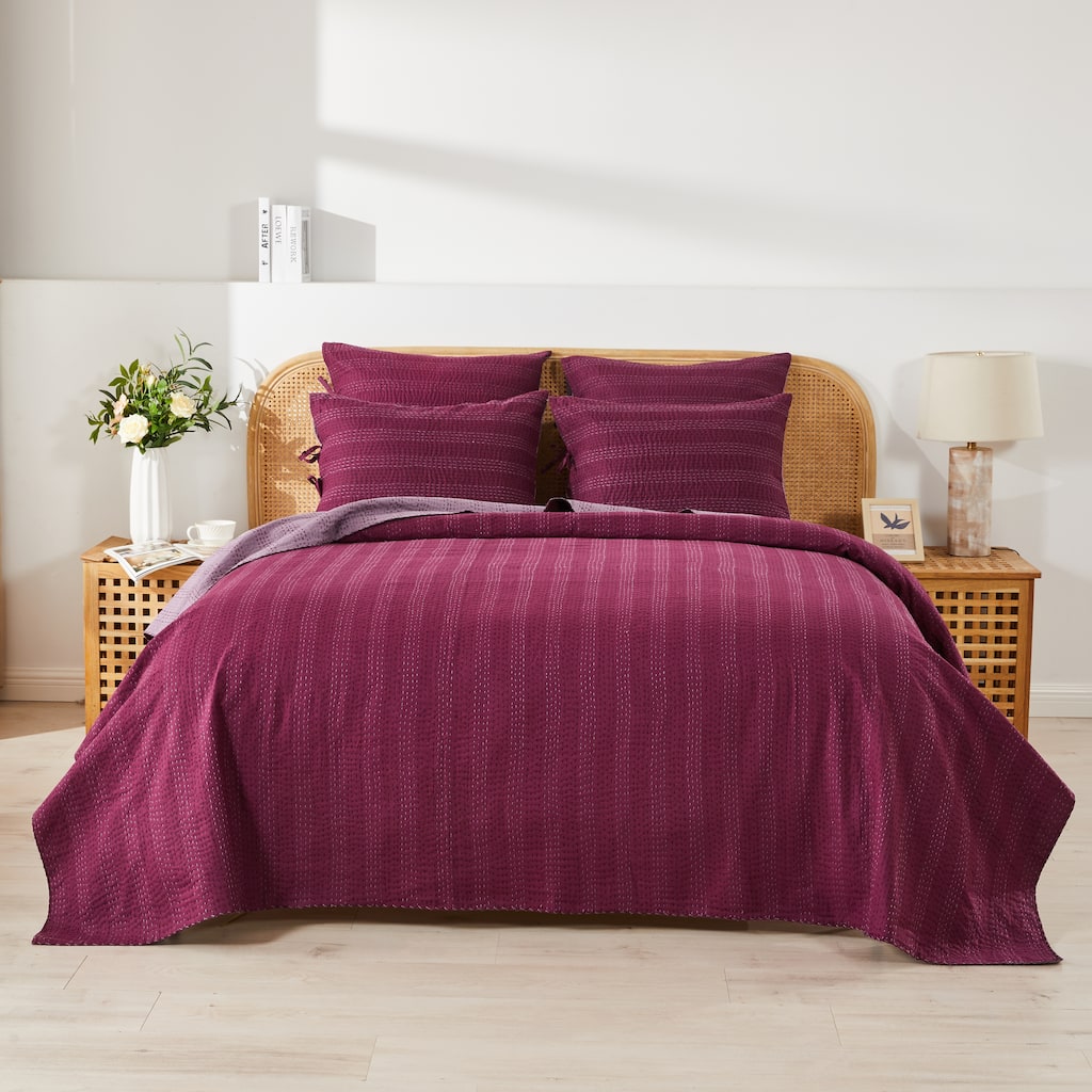 Melange Hand Stitched Kantha Violet Reversible Coverlet and Shams