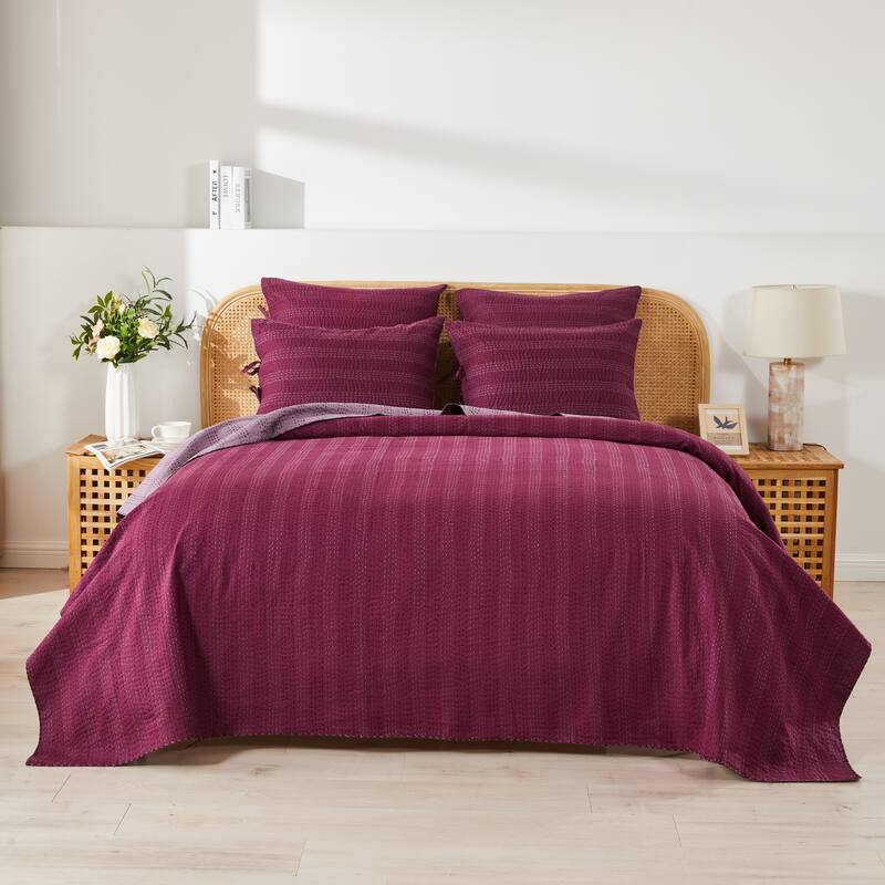 Melange Hand Stitched Kantha Violet Reversible Coverlet and Shams